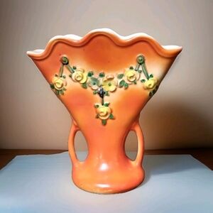 Vintage Czechoslovakia Pottery Orange Fan Vase With Yellow Flowers